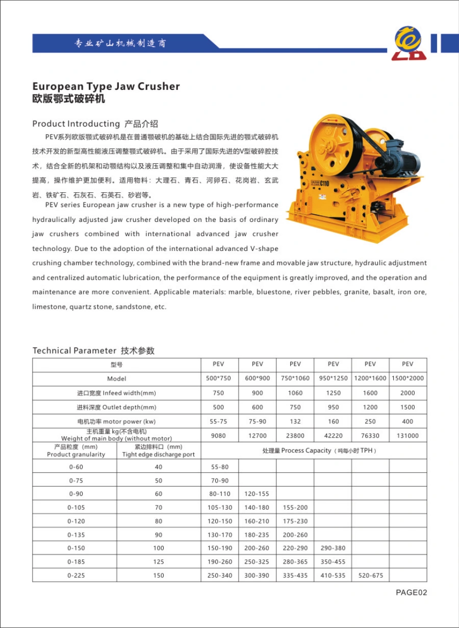 Catalogue Longda: European Type Jaw Crusher, hình thiết bị và bảng thông số gốc