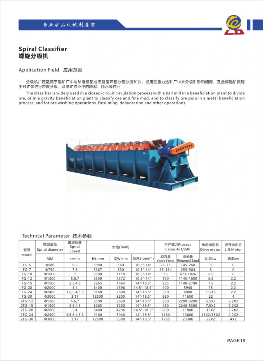Catalogue Longda: Spiral Classifier, hình thiết bị và bảng thông số gốc