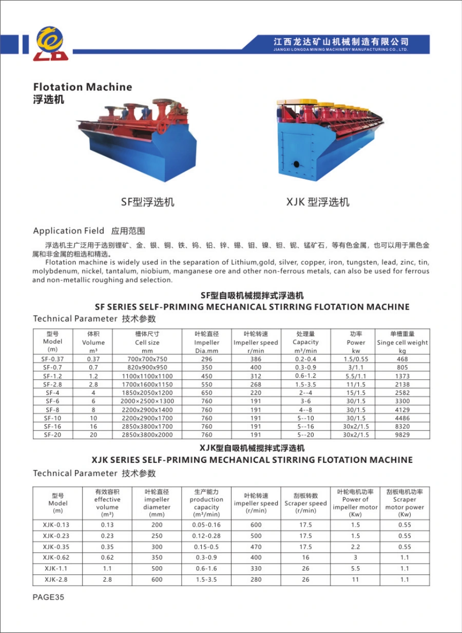 Catalogue Longda: Flotation Machine, hình thiết bị và bảng thông số gốc