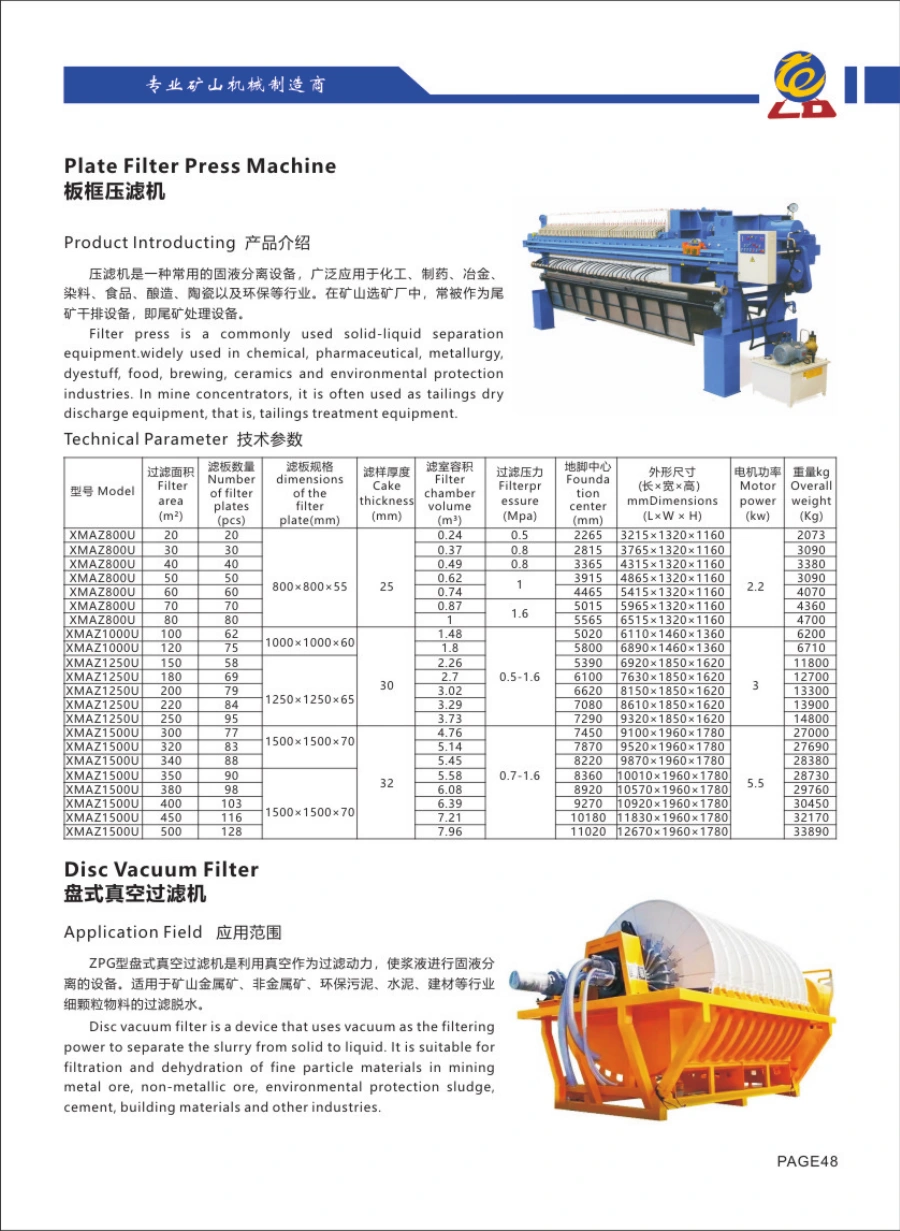 Catalogue Longda: Plate Filter Press Machine, hình thiết bị và bảng thông số gốc